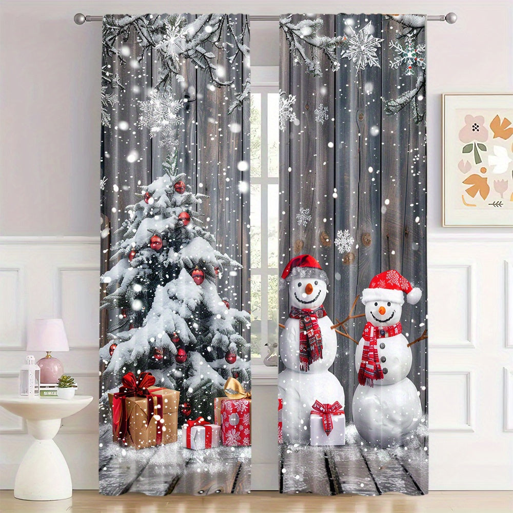 Snowman and Christmas Tree Design Curtains, Set of 2 - Polyester Drapes with Rod Pocket for Living Room, Bedroom, Dining Room, or Study - Festive Home Decor Window Treatments suitable for ages 14 and up (Rod not included)