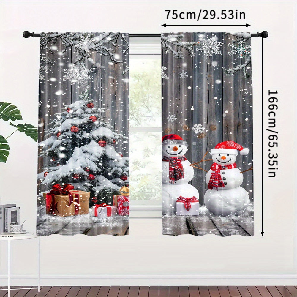 Snowman and Christmas Tree Design Curtains, Set of 2 - Polyester Drapes with Rod Pocket for Living Room, Bedroom, Dining Room, or Study - Festive Home Decor Window Treatments suitable for ages 14 and up (Rod not included)