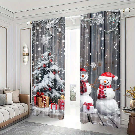 Snowman and Christmas Tree Design Curtains, Set of 2 - Polyester Drapes with Rod Pocket for Living Room, Bedroom, Dining Room, or Study - Festive Home Decor Window Treatments suitable for ages 14 and up (Rod not included)