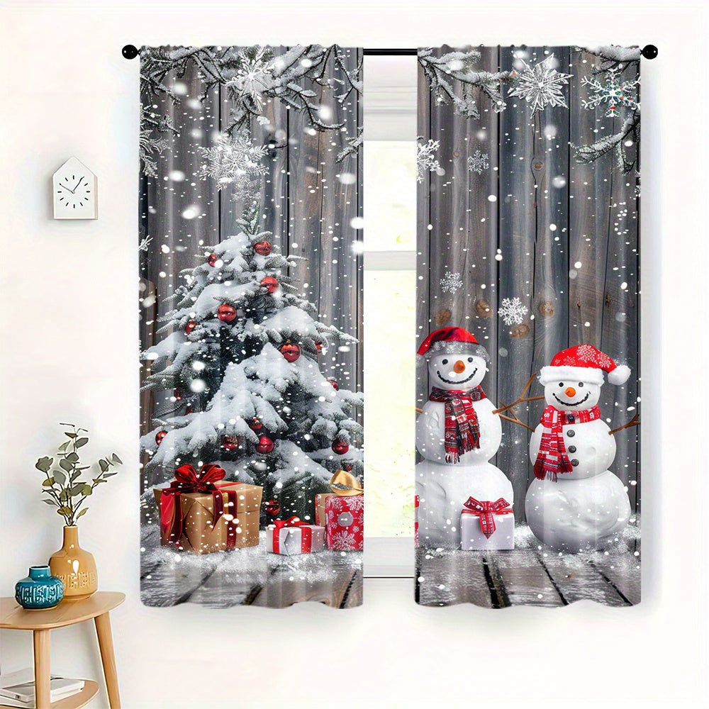 Snowman and Christmas Tree Design Curtains, Set of 2 - Polyester Drapes with Rod Pocket for Living Room, Bedroom, Dining Room, or Study - Festive Home Decor Window Treatments suitable for ages 14 and up (Rod not included)