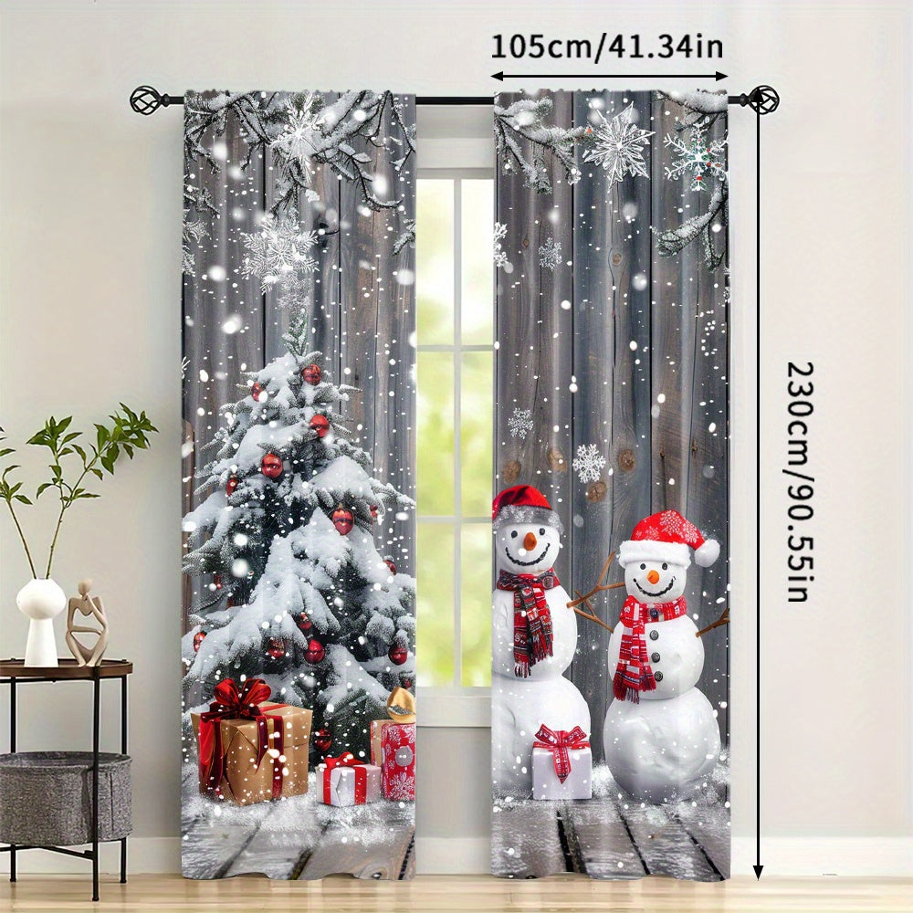 Snowman and Christmas Tree Design Curtains, Set of 2 - Polyester Drapes with Rod Pocket for Living Room, Bedroom, Dining Room, or Study - Festive Home Decor Window Treatments suitable for ages 14 and up (Rod not included)