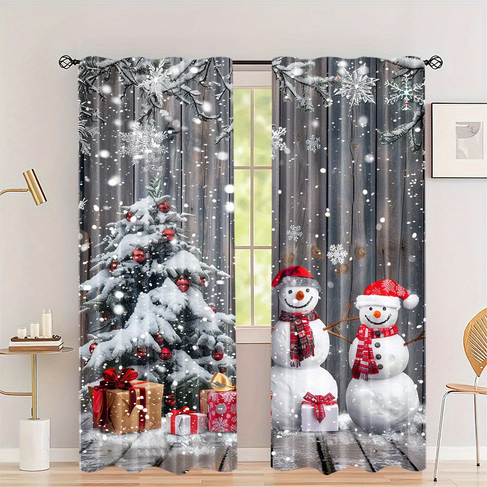 Snowman and Christmas Tree Design Curtains, Set of 2 - Polyester Drapes with Rod Pocket for Living Room, Bedroom, Dining Room, or Study - Festive Home Decor Window Treatments suitable for ages 14 and up (Rod not included)