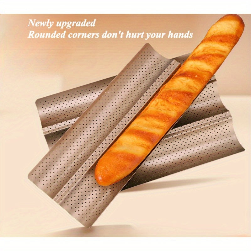 Enhance your baking experience with our top-notch non-stick perforated baguette baking trays, designed with rounded corners for easy handling. This set of 4 trays is ideal for baking French bread, sourdough bread, and Italian bread, ensuring a perfectly