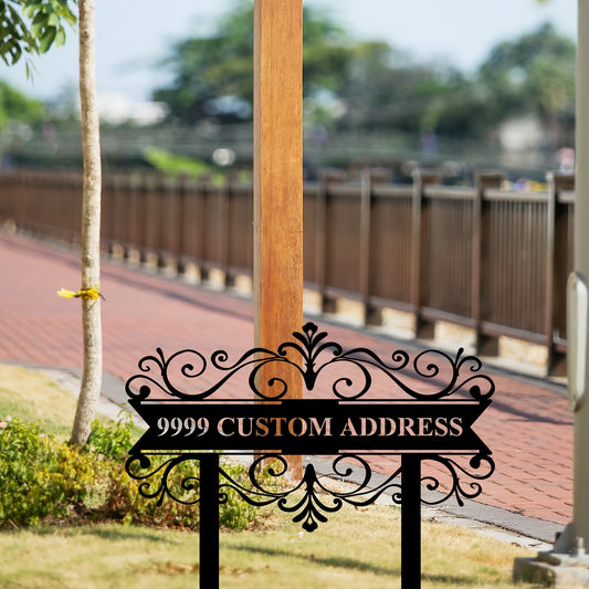 Customize your metal address sign with your door number and street name for personalized outdoor decor. This plaque is ideal for adding a touch of style to your front yard or driveway with a stake for easy installation.