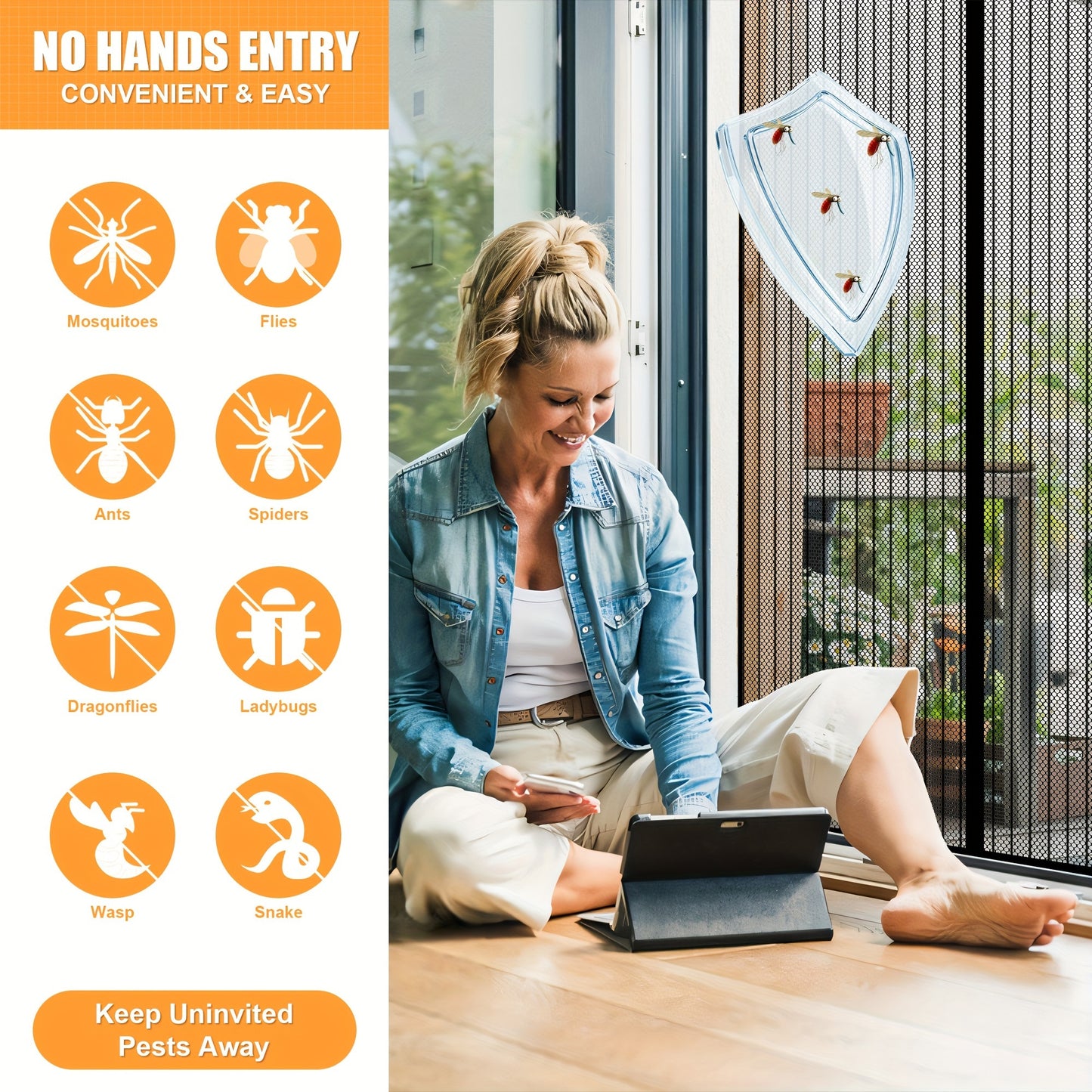 Modern Magnetic Screen Door: Self-sealing, heavy-duty, hands-free mesh keeps bugs out without electricity. Space-themed design for all room types.