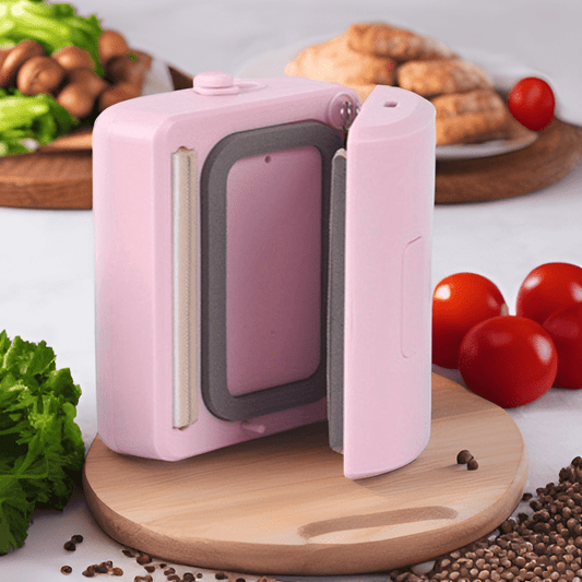 Mini Handheld vacuum sealer, cutter, and bag sealer with USB charging. Semi-automatic heat sealer for chip bags. 4.44W power with 600mAh lithium battery.