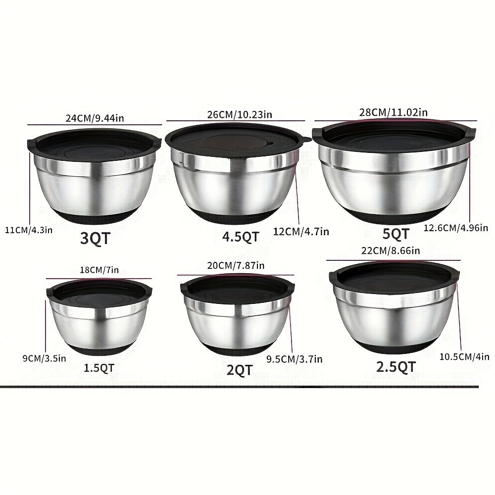 26-piece stainless steel mixing bowl set with sealing lids, grater attachment, and non-slip bottom in sizes ranging from 7QT to 1QT, ideal for mixing and serving.