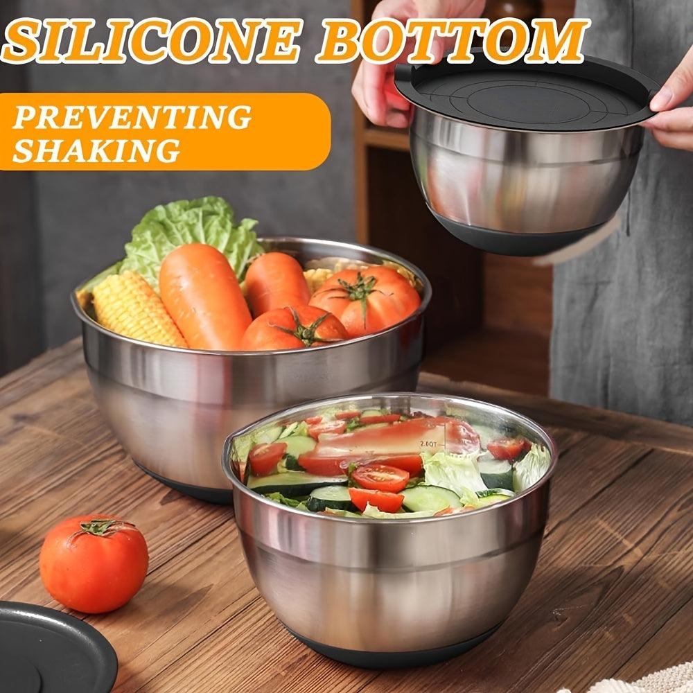 26-piece stainless steel mixing bowl set with sealing lids, grater attachment, and non-slip bottom in sizes ranging from 7QT to 1QT, ideal for mixing and serving.