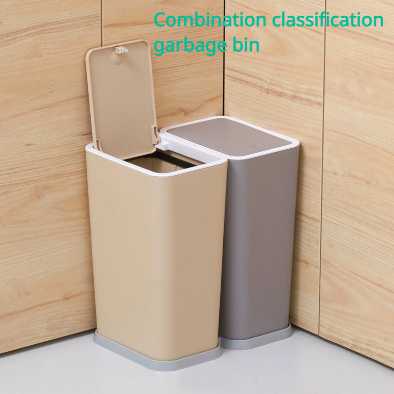 Set of two slim press-top trash cans, with one specifically designed for recycling and storage. Made of durable plastic that does not require electricity, ideal for use in bathrooms and living rooms.