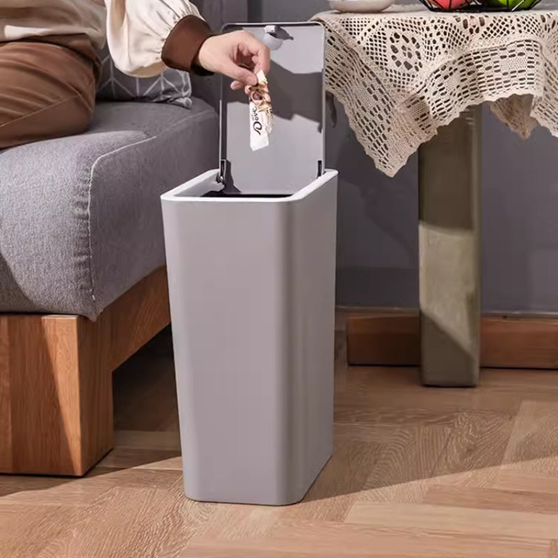 Set of two slim press-top trash cans, with one specifically designed for recycling and storage. Made of durable plastic that does not require electricity, ideal for use in bathrooms and living rooms.