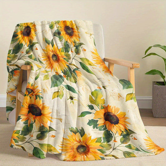 1 piece of Sunflower Element Blanket, featuring a Vintage Watercolor Sunflower Flower Plant design on an Old Newspaper background. This Soft and Warm Blanket is perfect for napping and makes a great holiday gift for classmates, friends, family, and loved