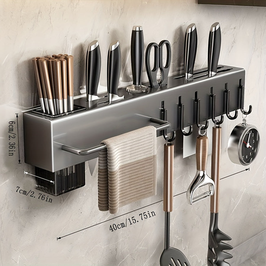 Wall-mounted stainless steel kitchen organizer featuring towel bar and hooks. Includes cutlery holder with chopstick cage for utensils and accessories.