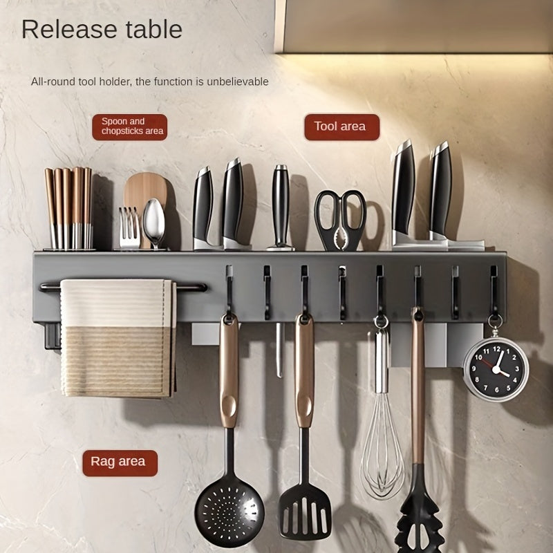 Wall-mounted stainless steel kitchen organizer featuring towel bar and hooks. Includes cutlery holder with chopstick cage for utensils and accessories.