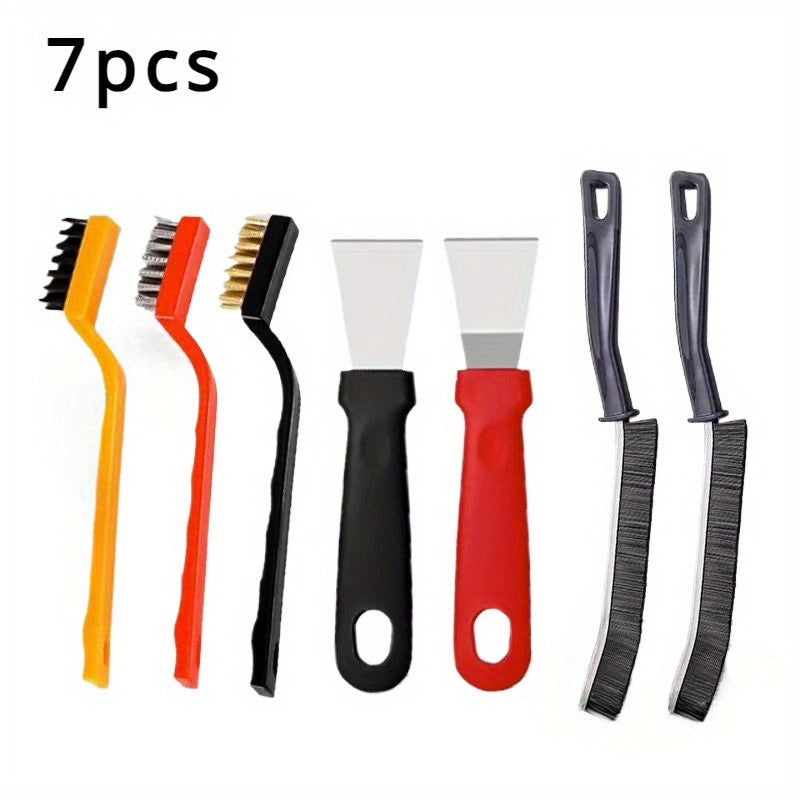 Set of 5/7 pieces, includes various tools for cleaning the kitchen. This set includes a cleaning shovel, defrosting shovel, power wire brush, scrub brush, gas stove range hood pot sink cleaning tool, and heavy oil stains removal brush shovel. Get all the