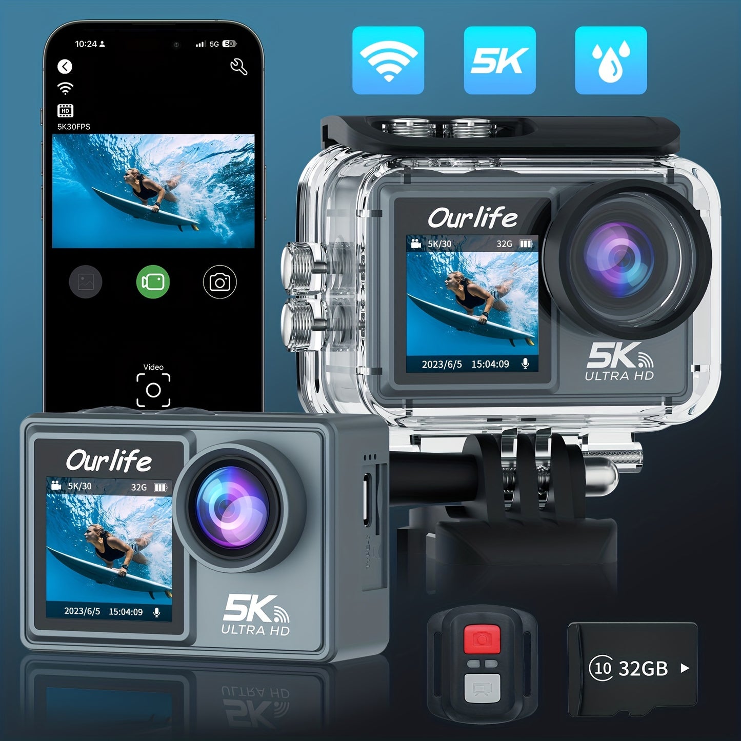 5K action camera with dual screen, WiFi control, rechargeable lithium polymer battery, USB charging, high-resolution screen.