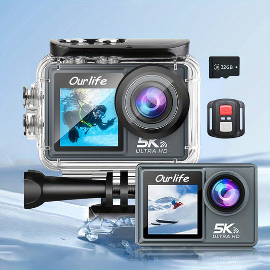 5K action camera with dual screen, WiFi control, rechargeable lithium polymer battery, USB charging, high-resolution screen.