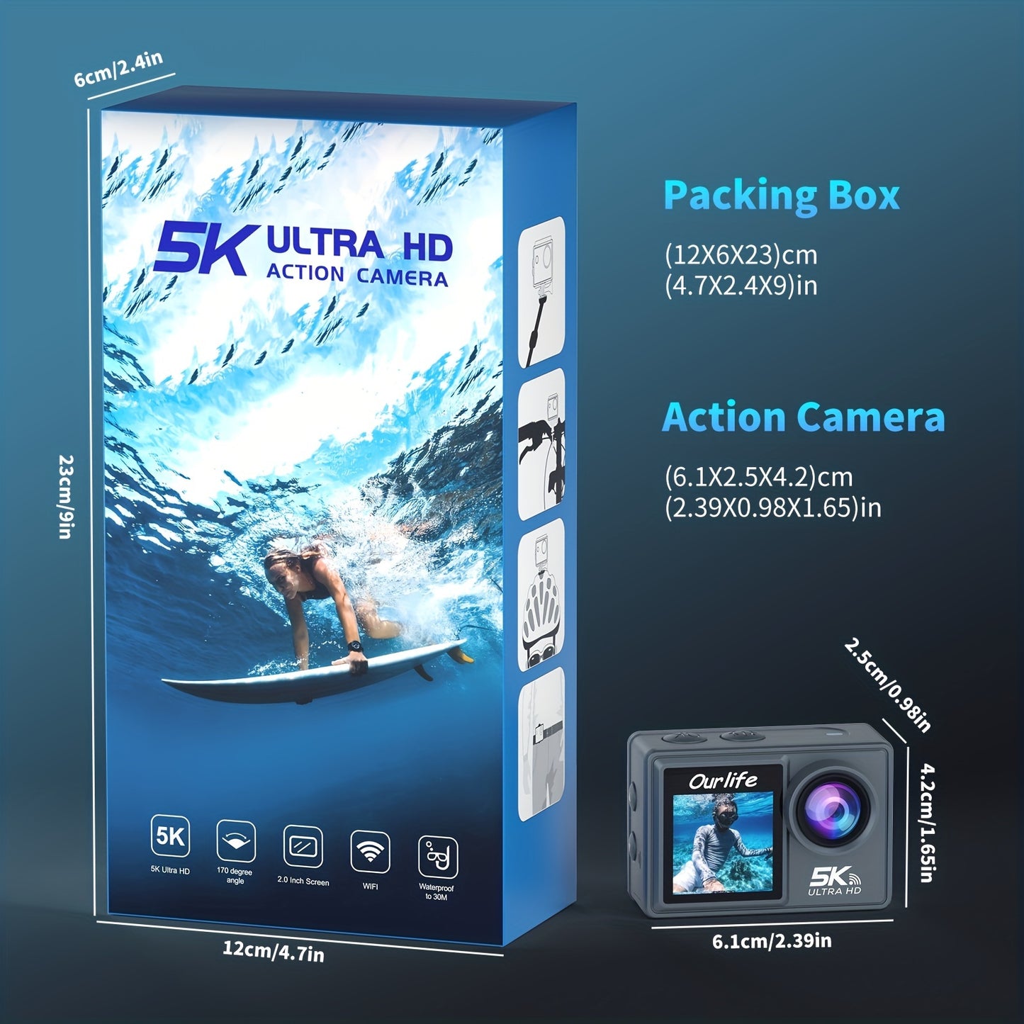 5K action camera with dual screen, WiFi control, rechargeable lithium polymer battery, USB charging, high-resolution screen.