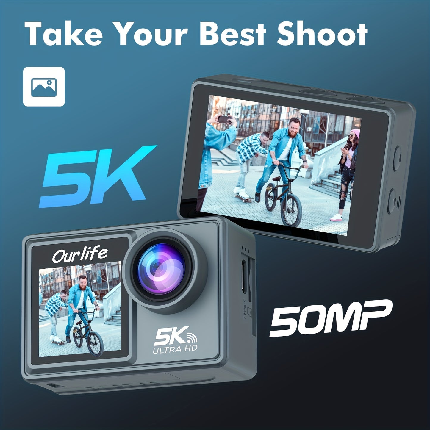 5K action camera with dual screen, WiFi control, rechargeable lithium polymer battery, USB charging, high-resolution screen.