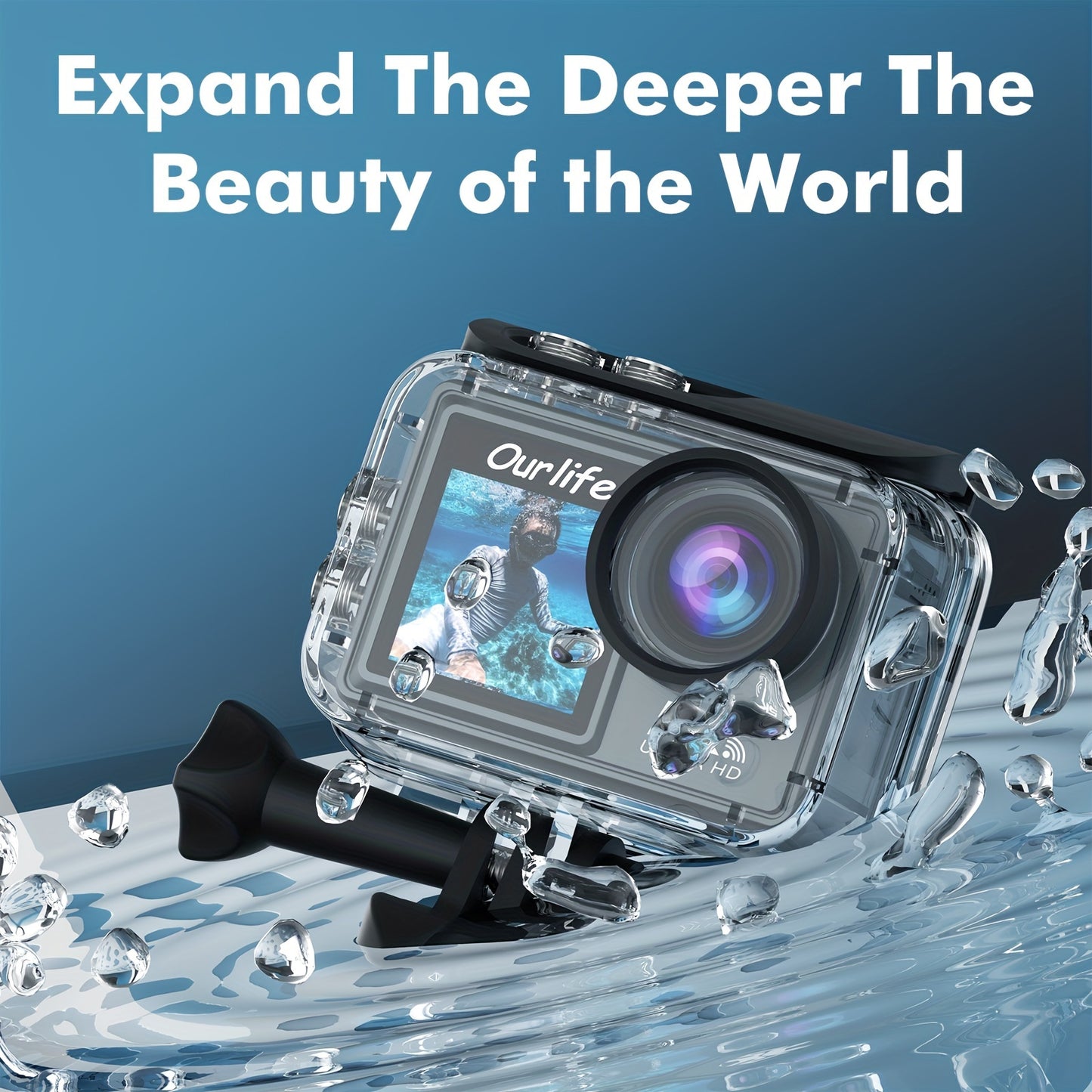 5K action camera with dual screen, WiFi control, rechargeable lithium polymer battery, USB charging, high-resolution screen.