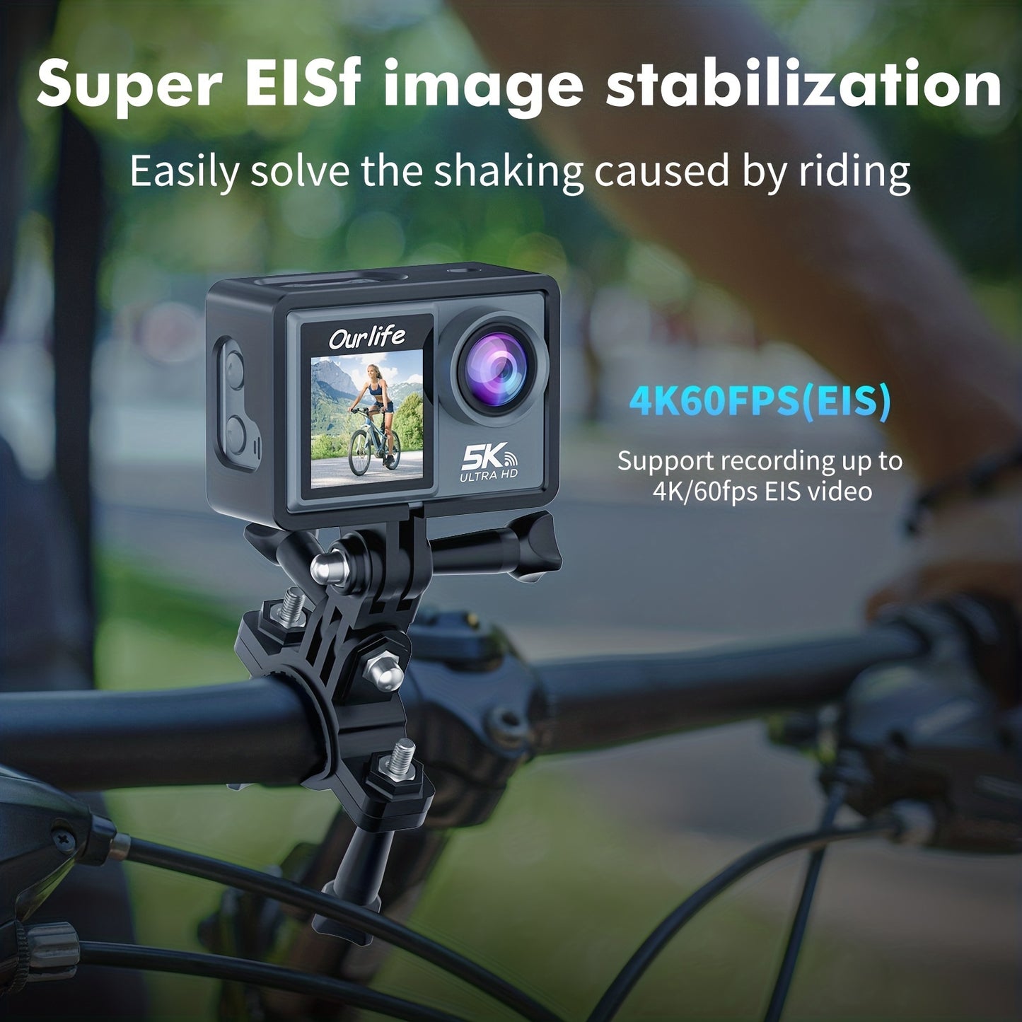 5K action camera with dual screen, WiFi control, rechargeable lithium polymer battery, USB charging, high-resolution screen.