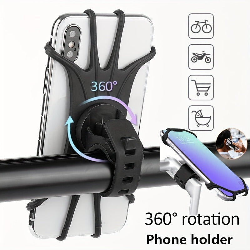 Securely mount your phone on bikes and strollers with this 360° Rotatable Silicone Phone Holder for a handlebar grip