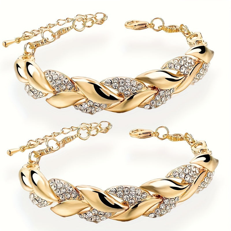 Leaf-themed 2-piece alloy bracelet set with rhinestone design, ideal for daily wear or gifting.