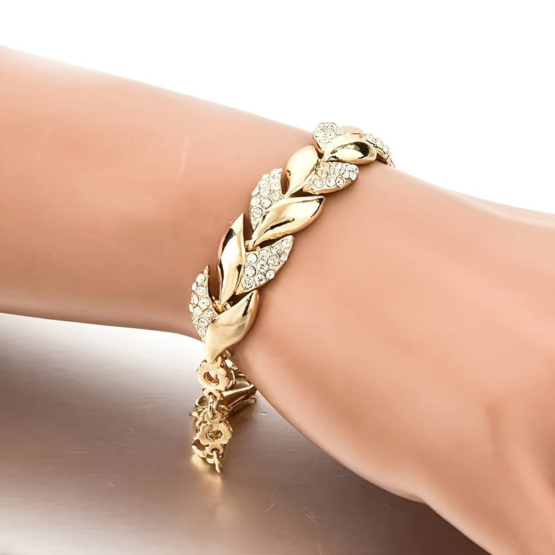 Leaf-themed 2-piece alloy bracelet set with rhinestone design, ideal for daily wear or gifting.