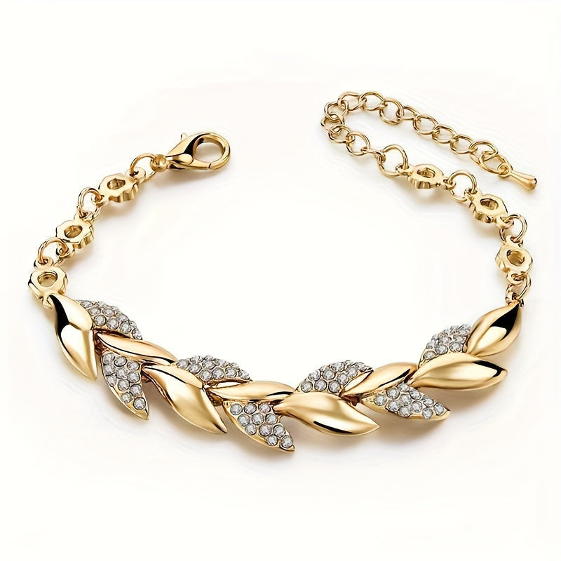 Leaf-themed 2-piece alloy bracelet set with rhinestone design, ideal for daily wear or gifting.