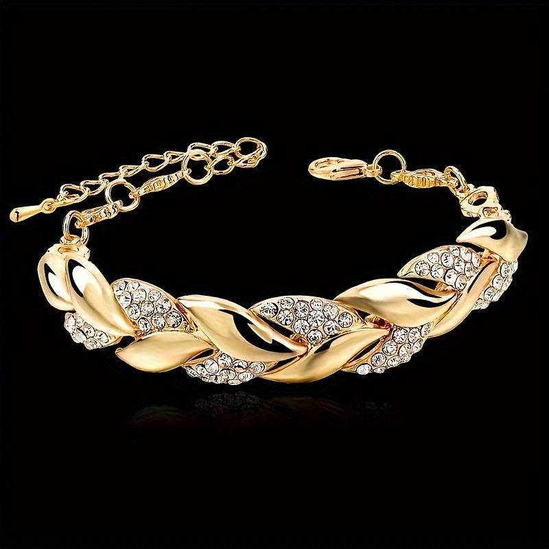 Leaf-themed 2-piece alloy bracelet set with rhinestone design, ideal for daily wear or gifting.