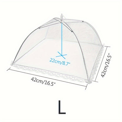 Portable folding food cover with fine mesh to protect against dust and insects. Perfect for indoor and outdoor use, and easy to store.