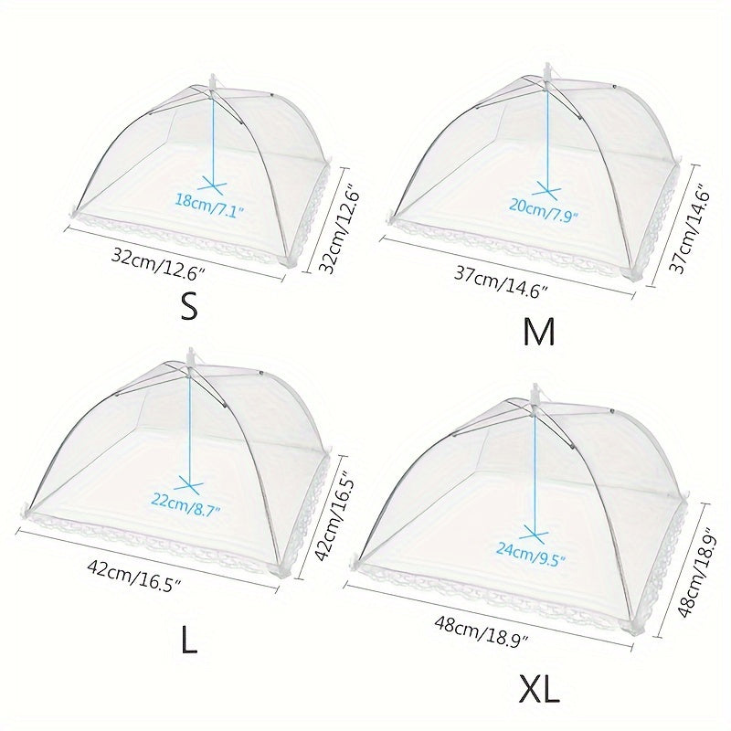 Portable folding food cover with fine mesh to protect against dust and insects. Perfect for indoor and outdoor use, and easy to store.