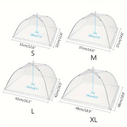 Portable folding food cover with fine mesh to protect against dust and insects. Perfect for indoor and outdoor use, and easy to store.