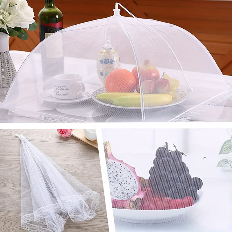 Portable folding food cover with fine mesh to protect against dust and insects. Perfect for indoor and outdoor use, and easy to store.