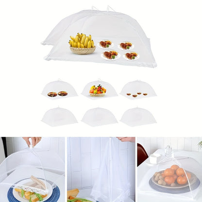 Portable folding food cover with fine mesh to protect against dust and insects. Perfect for indoor and outdoor use, and easy to store.