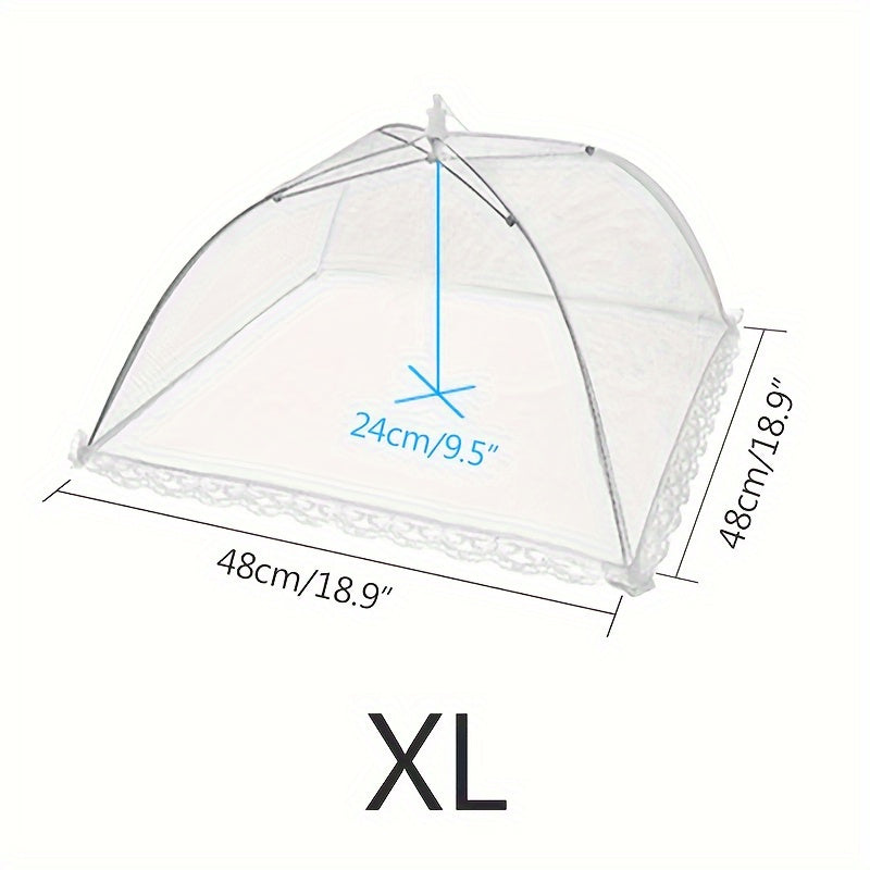 Portable folding food cover with fine mesh to protect against dust and insects. Perfect for indoor and outdoor use, and easy to store.