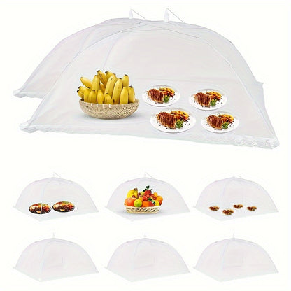 Portable folding food cover with fine mesh to protect against dust and insects. Perfect for indoor and outdoor use, and easy to store.