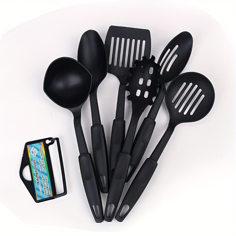 Essential Kitchen Utensil Set includes 6 durable pieces made of PC plastic for non-stick cooking. Set includes ladle, spoon, slotted spoons, spatula, slotted turner, and spaghetti server. A must-have for any kitchen!