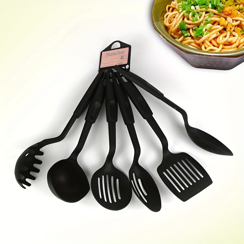 Essential Kitchen Utensil Set includes 6 durable pieces made of PC plastic for non-stick cooking. Set includes ladle, spoon, slotted spoons, spatula, slotted turner, and spaghetti server. A must-have for any kitchen!