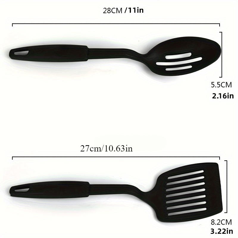 Essential Kitchen Utensil Set includes 6 durable pieces made of PC plastic for non-stick cooking. Set includes ladle, spoon, slotted spoons, spatula, slotted turner, and spaghetti server. A must-have for any kitchen!