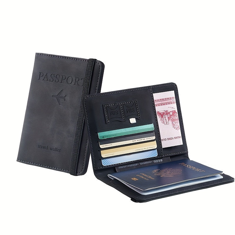 Stylish RFID blocking passport holder in light blue or charcoal with multi-functional design for airplane tickets and cards. Secure and sleek travel accessory.