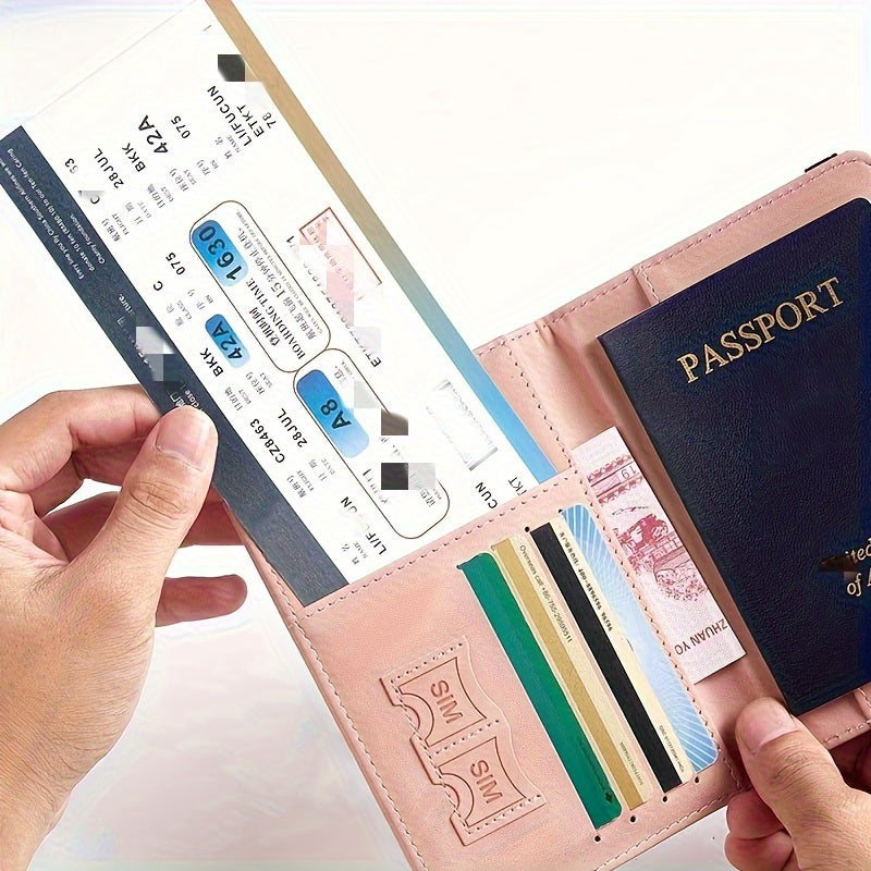 Stylish RFID blocking passport holder in light blue or charcoal with multi-functional design for airplane tickets and cards. Secure and sleek travel accessory.