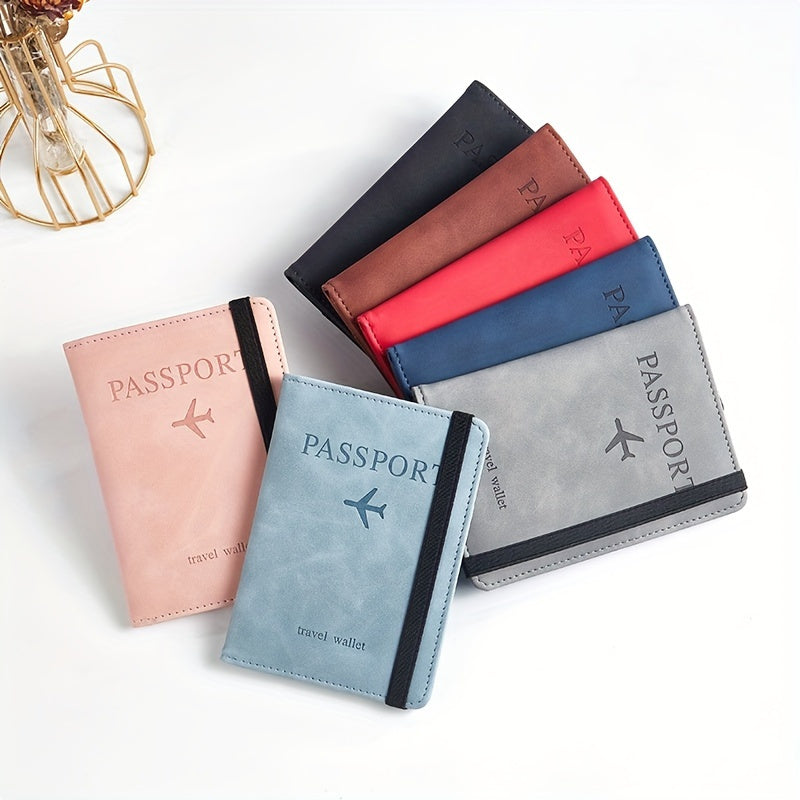 Stylish RFID blocking passport holder in light blue or charcoal with multi-functional design for airplane tickets and cards. Secure and sleek travel accessory.