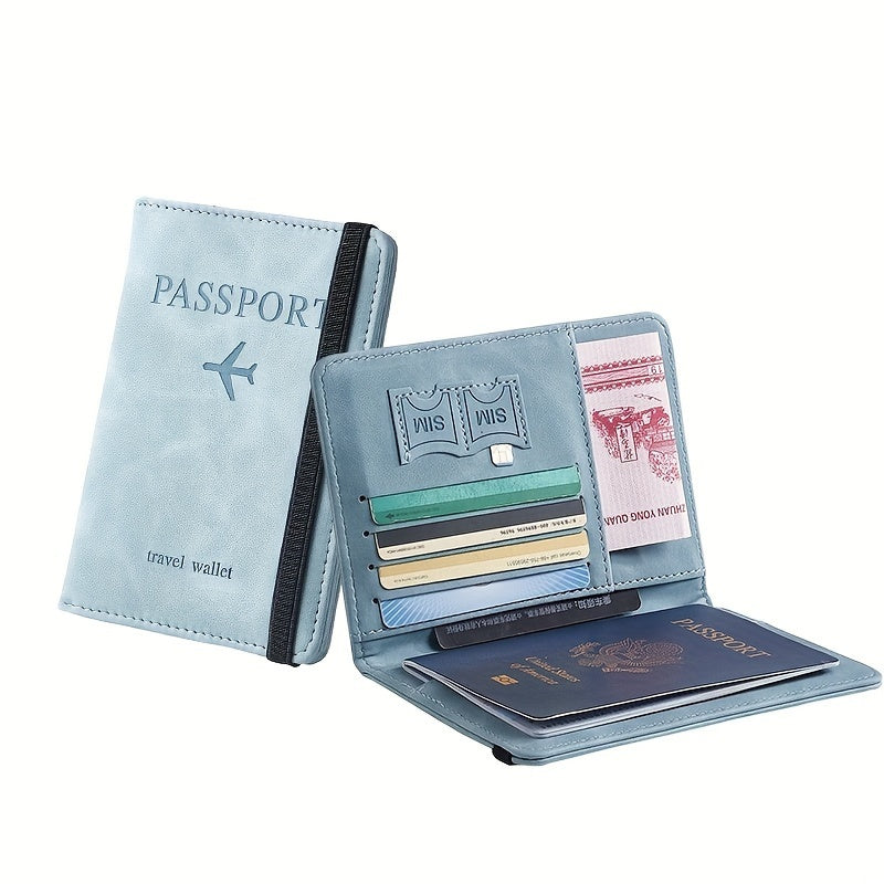 Stylish RFID blocking passport holder in light blue or charcoal with multi-functional design for airplane tickets and cards. Secure and sleek travel accessory.