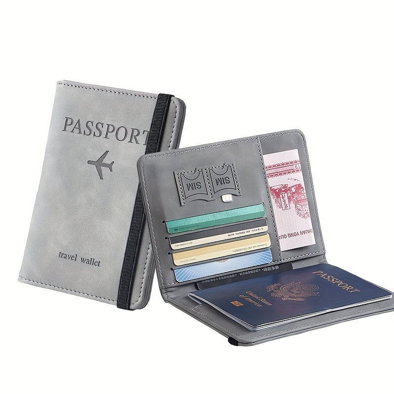 Stylish RFID blocking passport holder in light blue or charcoal with multi-functional design for airplane tickets and cards. Secure and sleek travel accessory.