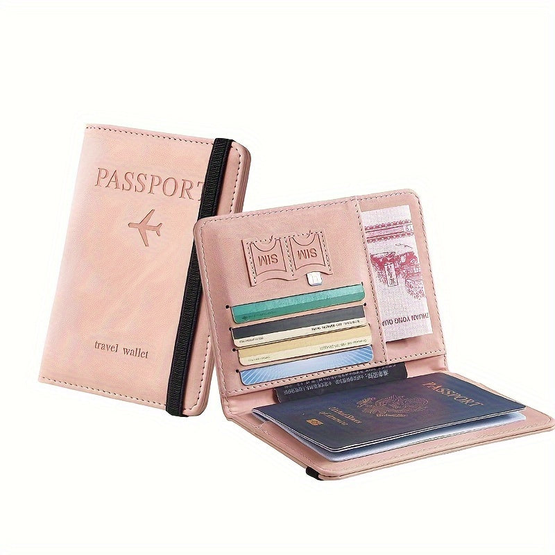 Stylish RFID blocking passport holder in light blue or charcoal with multi-functional design for airplane tickets and cards. Secure and sleek travel accessory.