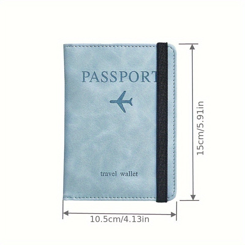 Stylish RFID blocking passport holder in light blue or charcoal with multi-functional design for airplane tickets and cards. Secure and sleek travel accessory.