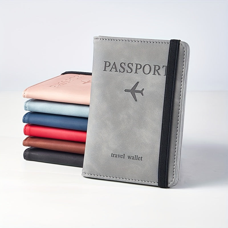 Stylish RFID blocking passport holder in light blue or charcoal with multi-functional design for airplane tickets and cards. Secure and sleek travel accessory.