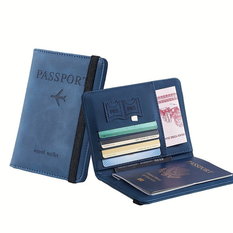 Stylish RFID blocking passport holder in light blue or charcoal with multi-functional design for airplane tickets and cards. Secure and sleek travel accessory.