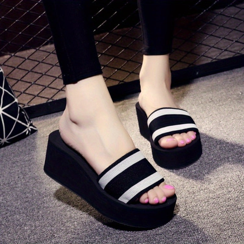 Women's Striped Open Toe Slip-On Slides with Mid Heel Platform and Thick Sole for All-Season Comfort