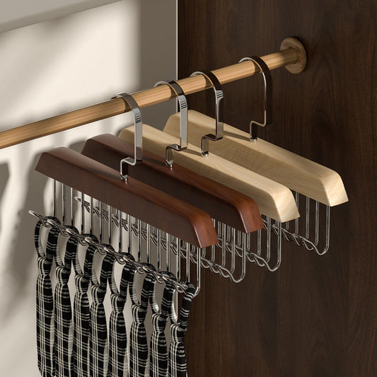 A versatile and sturdy wooden hanger with 8 hooks, designed for saving space and organizing wardrobes efficiently. This heavy-duty hanger can rotate 360 degrees and is perfect for storing vests, swimsuits, bras, scarves, hats, belts, and other household